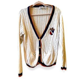 Signatures Button Down Cardigan Size M-L White Blue Orange Stripe Crest Academia